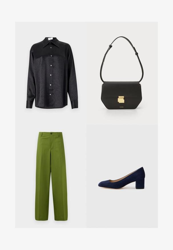 Black long-sleeve shirt with a collared neckline, featuring a crinkled texture, full button front, and cuffs. Made from a smooth fabric.; Green wide-leg trousers made of smooth fabric. Features a single front button closure and a flat front design.; Navy blue suede pump with a pointed toe and a mid-height block heel. Smooth texture with a subtle sheen and a small cutout at the front.; CLOSED CLOSED ONE - Cross body bag - black