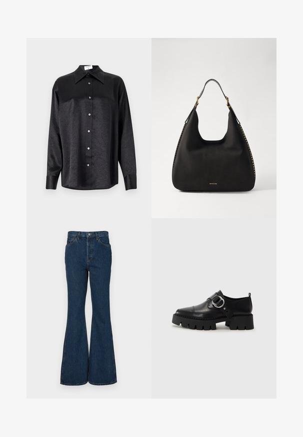 Camisa negra de manga larga con cuello, que presenta una textura arrugada, botón frontal completo y puños. Fabricada en un tejido suave.; Vaqueros acampanados de color azul oscuro, hechos de mezclilla. Presentan una cintura alta, cinco bolsillos y costuras en contraste. Textura suave y acabado limpio.; Zapatos de cuero negro con una suela gruesa y estriada, que presentan un acento de hardware plateado en forma circular y un detalle de costura mínima.; MICHAEL Michael Kors NOLITA HOBO  - Bolso de mano - black
