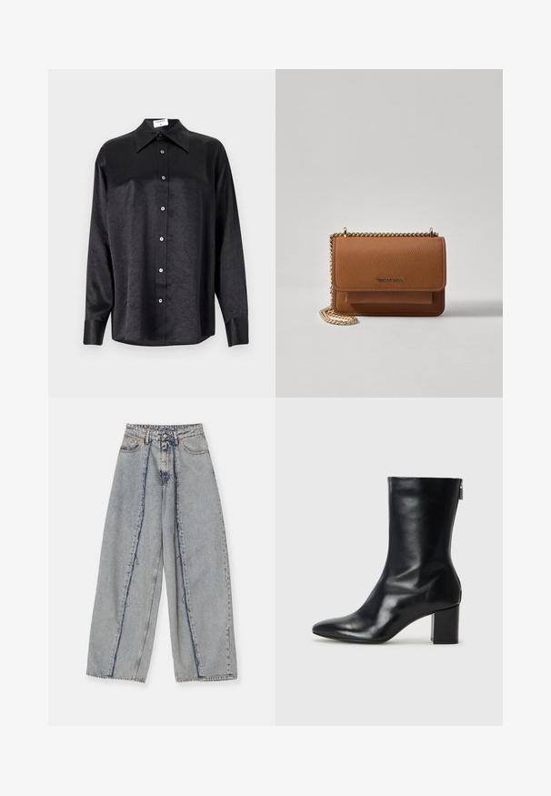 Sort langærmet skjorte med krave, der har en krøllet tekstur, fuld knaplukning foran og manchetter. Lavet af et glat stof.; Lyseblå vide jeans med rå kanter, høj talje og kontrast sømme. Lavet af denim, der fremviser en afslappet pasform og minimal slid.; Sorte læder ankelstøvler med spids tå og 4 cm blokhæl. Det slanke design har en sidelukning for nem påtagning. Glat tekstur.; Brun tekstureret læder crossover-taske med guldkæde-rem og klaplukning. Forsiden har logo-detalje og en lomme under klappen.