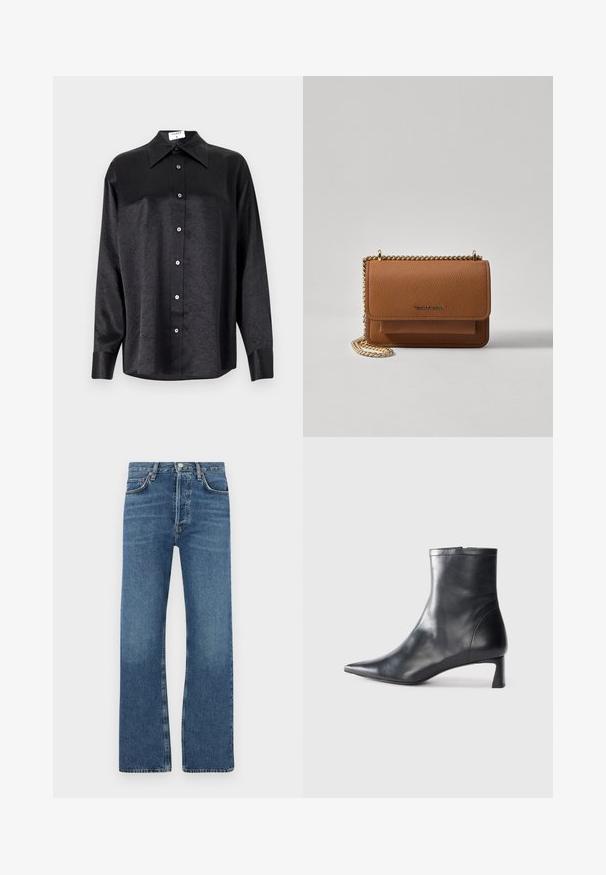 Černá košile s dlouhým rukávem a límečkem, s jakostní texturou, plně zapínací, s manžetami. Vyrobena z hladkého materiálu.; Modré džíny z denimu, se střihem rovného nohavice, pěti kapsami, zapínáním na knoflíky a jemně vybledlými místy na stehnech.; Černé kožené kotníkové boty s špičatou špičkou a elegantním designem. Mají nízký podpatek a zipové zapínání na zadní straně. Hladká textura.; Hnědá texturovaná kožená kabelka přes rameno se zlatým řetízkovým popruhem a klopnovým uzavíráním. Přední strana obsahuje detail loga a kapsu pod klopou.