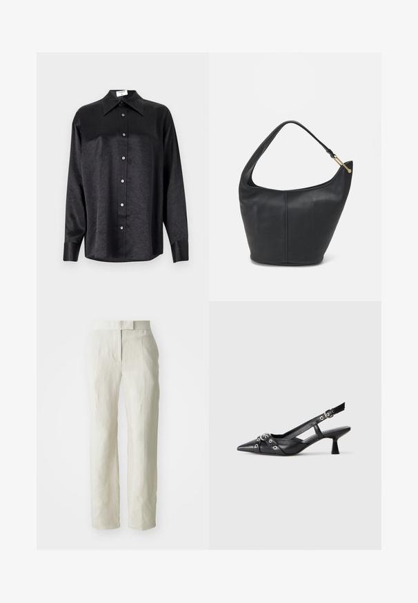 Czarna koszula z długim rękawem i kołnierzykiem, o pogniecionej teksturze, z pełnym zapięciem na guziki z przodu oraz mankietami. Wykonana z gładkiego materiału.; Białe lniane spodnie o dopasowanym kroju, z gładkim przodem i prostymi nogawkami. Gładka tekstura z delikatnymi zagnieceniami.; Czarne skórzane buty typu slingback z ostrym noskiem, ozdobnymi paskami z metalowymi oczkami oraz niskim klinowym obcasem. Teksturowana powierzchnia.; Czarna skórzana torebka o okrągłym kształcie, z szerokim paskiem i teksturowanym wykończeniem. Posiada subtelny detal szwu i akcenty w odcieniu złota.