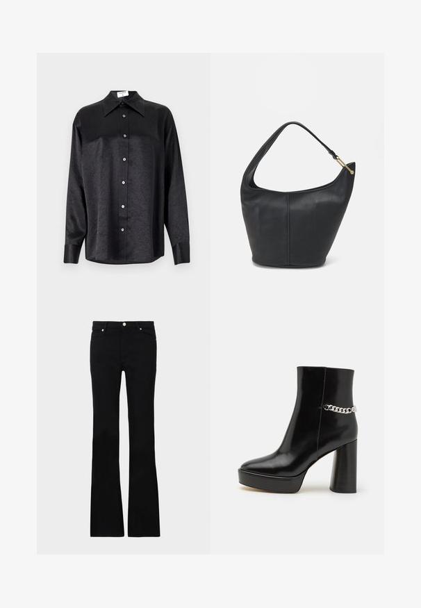 Svart langermet skjorte med krage, som har en rynket tekstur, fullt knappet front og mansjetter. Laget av et glatt stoff.; Sorte slengbukser laget av denim, med to frontlommer, en knappe-lukking, og en glatt tekstur. Signatur sømmer synlige ved sømmene.; Svart lakkert skinnankelstøvel med tykk plattform og høy blokkhel. Har en sølvkjedeakkent på siden. Glatt tekstur.; Svart lærveske med en rund form, bred stropp og strukturert overflate. Har en subtil sømdetalj og gullfarget beslag.