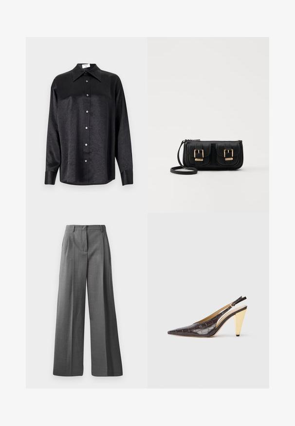 Sort langærmet skjorte med krave, der har en krøllet tekstur, fuld knaplukning foran og manchetter. Lavet af et glat stof.; Grå, vide bukser lavet af tekstureret stof med et subtilt mønster. Har frontfolder og en talje med bæltesløjfer.; Spids-tå slingback hæl i mørkebrun blank fake krokodillelæder. Har en guldfarvet geometrisk hæl og justerbar ankelrem.; Sort læder crossbody taske med to frontlommer, guldspænder, lynlåslukning og en slank rem. Struktureret overflade og kompakt rektangulær form.