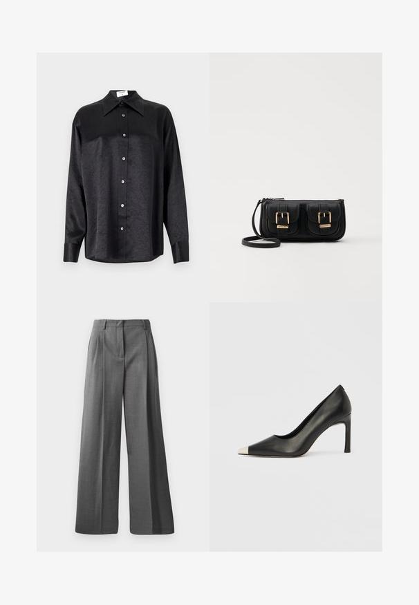 Black long-sleeve shirt with a collared neckline, featuring a crinkled texture, full button front, and cuffs. Made from a smooth fabric.; Gray, wide-leg trousers made from textured fabric with a subtle pattern. Features front pleats and a waistband with belt loops.; Black leather high heel shoe with a pointed toe and a metallic silver cap. Features a smooth finish and a slender 10 cm heel.; Black leather crossbody bag with two front pockets, gold buckles, zipper closure, and a slim strap. Textured surface and compact rectangular shape.