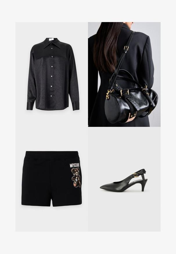 Juodas ilgarankovis marškinis su apykakle, turintis plėšyta tekstūra, visiško mygtukų uždarymo priekyje ir rankogaliais. Pagamintas iš lygaus audinio.; Juodi medvilniniai šortai su lokio grafika, dekoruota spalvingais pleistrais. Juosmuo elastingas, užtikrinantis patogumą ir laisvą prigludimą.; Juodas odinis slingback kelnaitė su smailiu pirštu, mažu kulnu ir sagtimi ant kulkšnies dirželio. Lygus paviršius, minimalus dizainas.; Juoda odinė rankinė su apvalia forma, turi auksinius aksesuarus ir reguliuojamas dirželis. Pabrėžti tekstūruoto juodos odos elementai ir smėlio spalvos detalė.