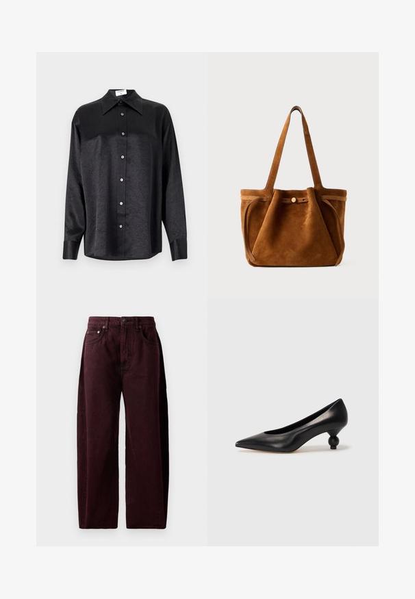 Black long-sleeve shirt with a collared neckline, featuring a crinkled texture, full button front, and cuffs. Made from a smooth fabric.; Burgundy wide-leg jeans in cotton denim, featuring a high waist, front pockets, and visible stitching. Classic five-pocket design.; Black leather high heel shoe with a pointed toe and a round, balled heel. Smooth texture with a sleek, minimal design.; Brown suede tote bag with dual handles, a button closure strap, and a relaxed, slightly slouchy shape.
