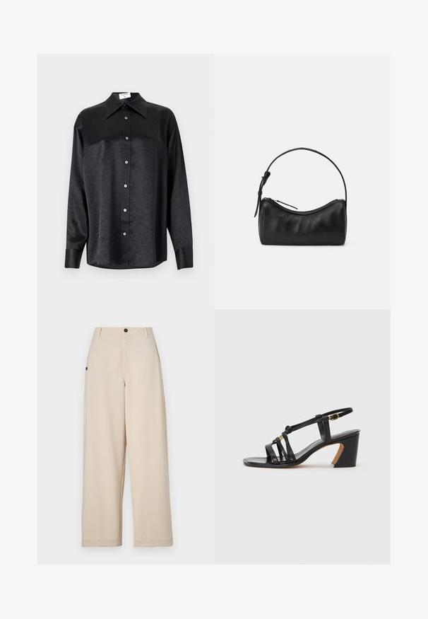 Juodas ilgarankovis marškinis su apykakle, turintis plėšyta tekstūra, visiško mygtukų uždarymo priekyje ir rankogaliais. Pagamintas iš lygaus audinio.; Bežiniai plačiakraščiai kelnių pagaminti iš minkštos medžiagos, turi priekinius mygtukus užsegimui, šonines kišenes ir laisvą siluetą.; Paul Smith AMIRA - Klasikiniai aukštakulniai - black; Juodas odinis petinis krepšys su kreivėmis, užtrauktuko uždarymu ir plonu dirželiu. Pasižymi lygiu paviršiumi ir subtiliais siuvinėjimo akcentais.