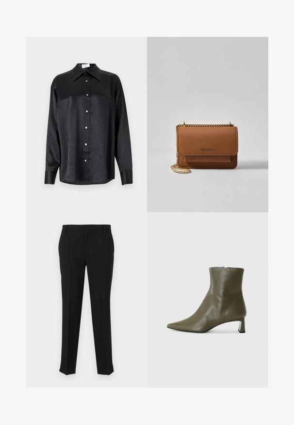 Chemise noire à manches longues avec un col, présentant une texture froissée, une fermeture à boutons sur le devant et des poignets. Fabriquée en tissu lisse.; Pantalons noirs ajustés en tissu lisse, avec une coupe droite, des passants de ceinture et des poches latérales. Aucune motif ou matériel visible.; Bottine en cuir vert olive avec un bout pointu et un talon carré de 4 cm ; texture lisse et design minimaliste avec une fermeture à glissière.; Sac en cuir texturé marron en bandoulière avec une sangle en chaîne dorée et une fermeture à rabat. L'avant présente un détail de logo et une poche sous le rabat.