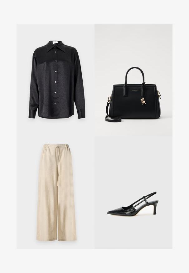 Črna srajca z dolgimi rokavi in ovratnikom, ki ima gubasto teksturo, celotno zapenjanje na gumb in manšete. Izdelana iz gladkega materiala.; Svetlo bež široke hlače iz mehkega materiala, ki imajo vertikalne črte in elastičen pas z detajlom vezanja.; Črne lakaste slingback pete s koničastim nosom, ki imajo teksturiran vzorec kačje kože, nastavljiv trak in kratek teksturiran blok peto.; Črna usnjena torbica s strukturirano zasnovo, dvema zgornjima ročajema, odstranjevanim naramnim trakom, zlatim okovjem in dodatkom z logotipom.