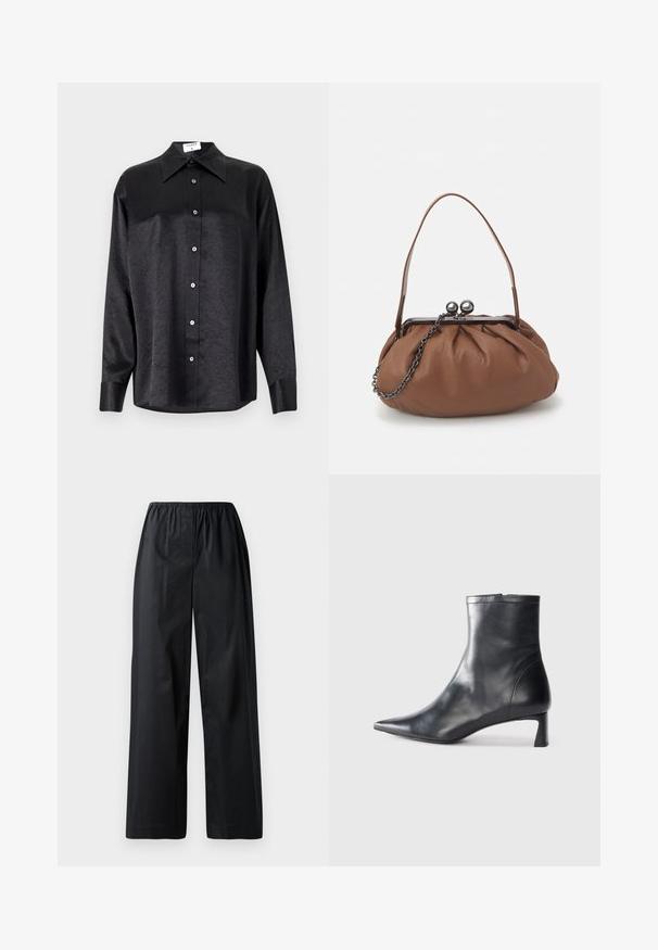 Juodas ilgarankovis marškinis su apykakle, turintis plėšyta tekstūra, visiško mygtukų uždarymo priekyje ir rankogaliais. Pagamintas iš lygaus audinio.; Juoda plati kelnė su elastine juosta, pasižyminti lygiu paviršiumi ir be matomų kišenių ar puošmenų.; Juodas odinis kulkšninis batas su smailiu pirštu ir elegantišku dizainu. Turi žemą kulną ir užtrauktuką gale. Lygi tekstūra.; Ruda odinė rankinė su surinkto dizaino, trumpa odinė rankena ir grandinėlės diržas. Yra sidabrinė metalinė sagtis su dviem apvaliais akcentais.