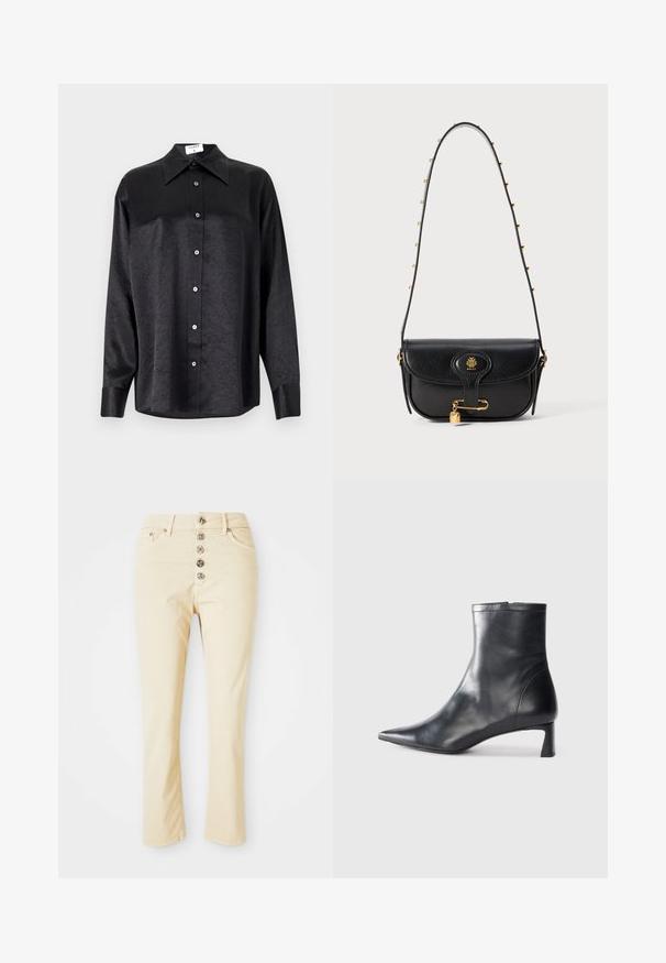 Juodas ilgarankovis marškinis su apykakle, turintis plėšyta tekstūra, visiško mygtukų uždarymo priekyje ir rankogaliais. Pagamintas iš lygaus audinio.; Kreminės džinsai, pagaminti iš medvilnės, su mygtukų uždarymu, kuriame yra penki metaliniai mygtukai ir tiesios kojos. Lygus audinys ir klasikiskas dizainas.; Juodas odinis kulkšninis batas su smailiu pirštu ir elegantišku dizainu. Turi žemą kulną ir užtrauktuką gale. Lygi tekstūra.; Juodas odinis rankinis krepšys su struktūruotu dizainu, turintis auksinį logotipą, pakabinimo akcentą ir grandinėlėmis dekoruotą peties dirželį.