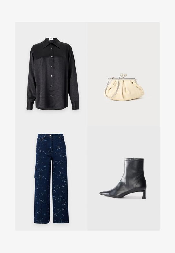 Black long-sleeve shirt with a collared neckline, featuring a crinkled texture, full button front, and cuffs. Made from a smooth fabric.; Dark blue denim cargo pants featuring a star pattern, wide leg shape, front pockets, and a side pocket with a button closure.; Black leather ankle boot with a pointed toe and a sleek design. Features a low heel and a zipper closure at the back. Smooth texture.; Pleated beige leather clutch with a silver metal frame, featuring two round decorative clasps and a silver chain strap.