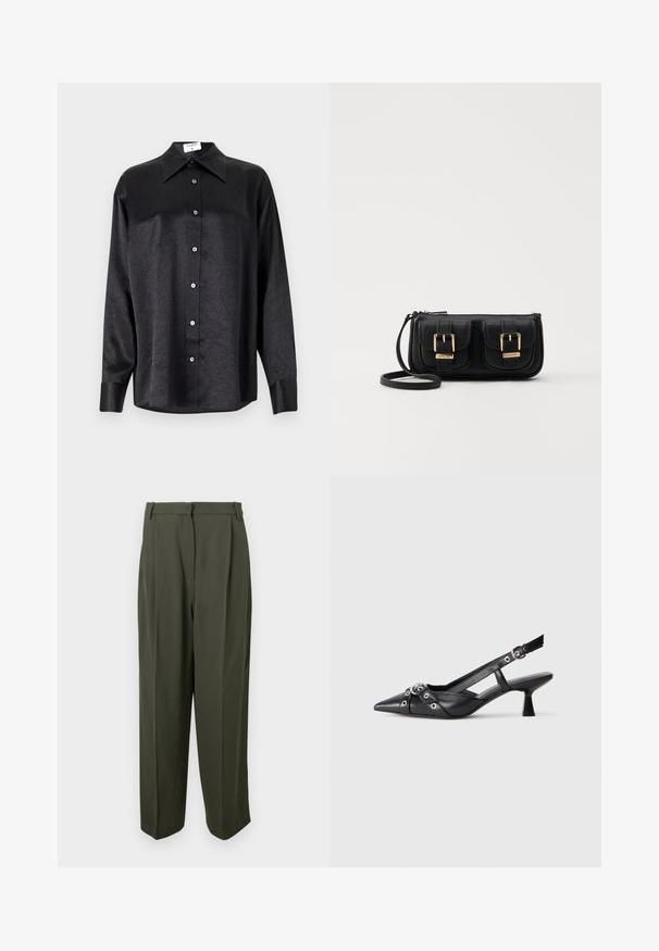 Camisa negra de manga larga con cuello, que presenta una textura arrugada, botón frontal completo y puños. Fabricada en un tejido suave.; Pantalones verde oliva de tejido suave, con cintura alta, frente plisado y silueta de pierna ancha. Sin bolsillos visibles ni adornos.; Zapato de slingback negro de piel con punta afilada, correas decorativas con ojales de metal y un tacón bajo y ancho. Superficie texturizada.; Bolso cruzado de cuero negro con dos bolsillos frontales, hebillas doradas, cierre de cremallera y una correa delgada. Superficie texturizada y forma rectangular compacta.