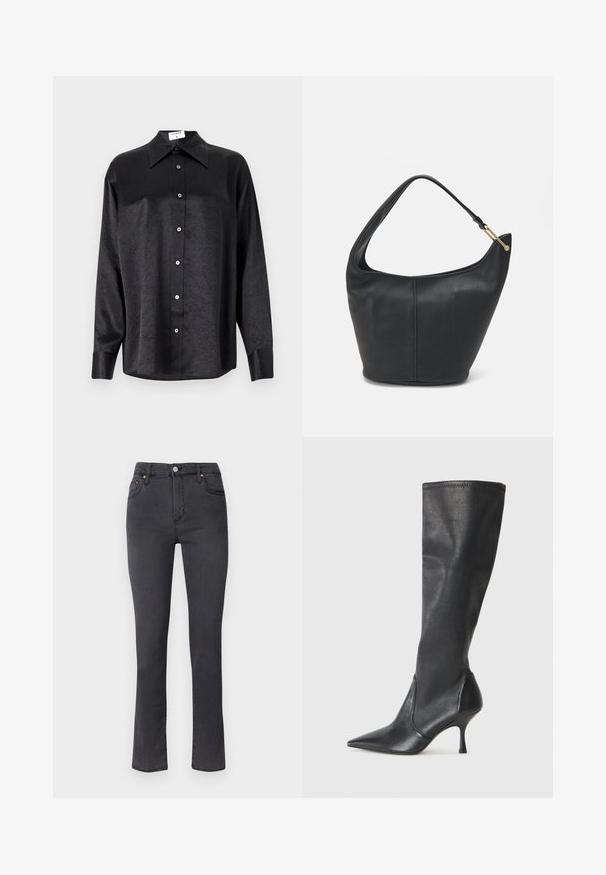 Camisa negra de manga larga con cuello, que presenta una textura arrugada, botón frontal completo y puños. Fabricada en un tejido suave.; Jeans de color gris oscuro con un diseño de pierna recta, hechos de denim. Presentan un cierre de botón y cremallera, bolsillos delanteros y detalles de costura sutiles.; Botas de cuero negro hasta la rodilla con punta afilada y tacón de aguja delgado. Textura suave con un diseño ajustado y costuras en el borde superior.; Bolso de cuero negro con forma redondeada, un strap ancho y un acabado texturizado. Presenta un sutil detalle de costura y un acento de hardware en tono dorado.
