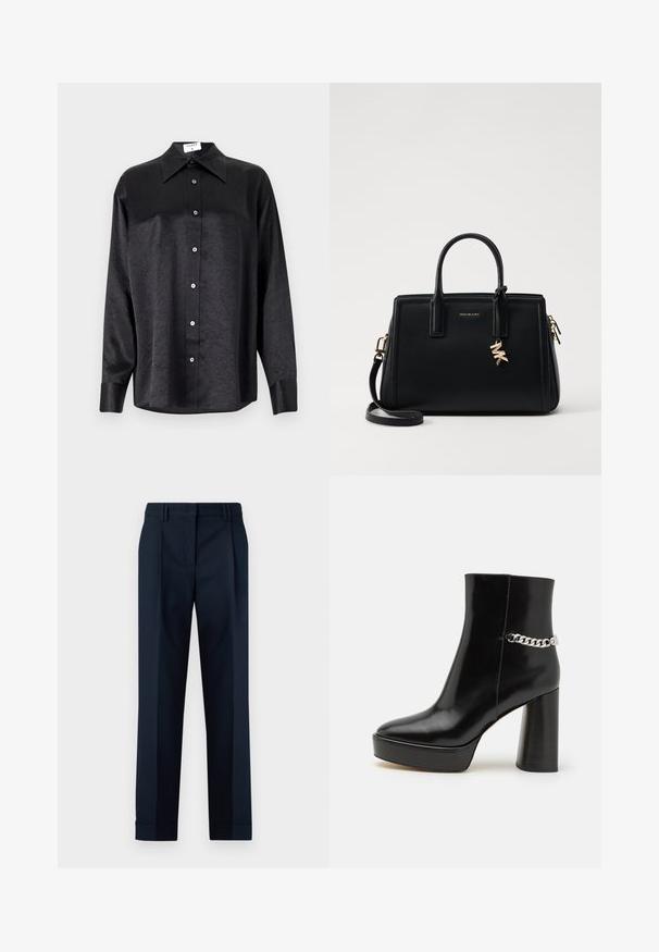 Crna košulja dugih rukava s ovratnikom, s naboranom teksturom, potpuno dugmadi naprijed i manžetama. Izrađena od glatkog materijala.; Mornarice plave krojene hlače s glatkom teksturom, s ravnim prednjim dijelom, dvostrukim nabranjima i manžetama na gležnjevima.; Crne lakirane kožne gležnjače s debelim platformom i visokim blok štiklom. Imaju srebrni lanac kao detalj sa strane. Glatka tekstura.; Crna kožna torba s strukturiranim dizajnom, dvostrukim gornjim ručkama, odvojivim remenom za rame, zlatnim detaljima i akcentom s logom.