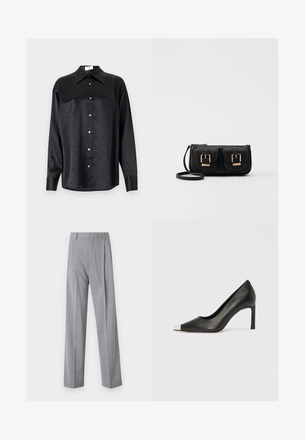 Black long-sleeve shirt with a collared neckline, featuring a crinkled texture, full button front, and cuffs. Made from a smooth fabric.; Gray, lightweight trousers with a tailored fit, featuring a smooth texture, subtle pattern, and two front pleats for added detail.; Black leather high heel shoe with a pointed toe and a metallic silver cap. Features a smooth finish and a slender 10 cm heel.; Black leather crossbody bag with two front pockets, gold buckles, zipper closure, and a slim strap. Textured surface and compact rectangular shape.