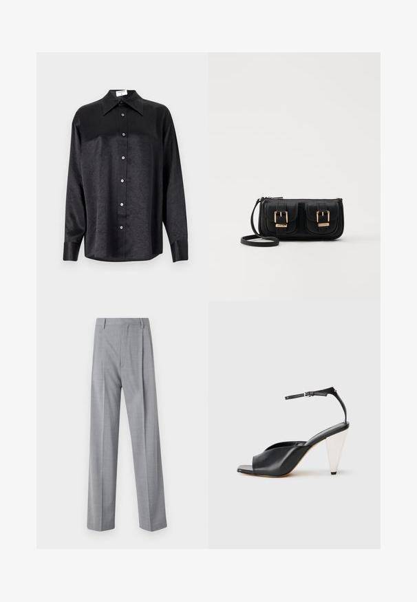 Svart langermet skjorte med krage, som har en rynket tekstur, fullt knappet front og mansjetter. Laget av et glatt stoff.; Grå, lette bukser med skræddersyet pasform, der har en glat overflade, diskret mønster og to frontfolder for ekstra detaljer.; Svart lær høyhælte sandaler med åpen tå, asymmetrisk design, ankelstropp og en metallisk kjegleformet hæl. Glatt tekstur hele veien.; Svart skinn crossbody veske med to frontlommer, gyldne spenner, glidelåslukking og en slank stropp. Teksturert overflate og kompakt rektangulær form.