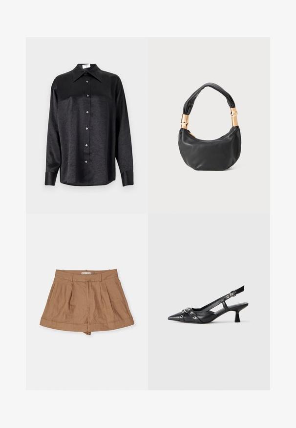 Zwarte blouse met lange mouwen en een kraag, voorzien van een gekreukt oppervlak, volwaardige knopen aan de voorkant en manchetten. Gemaakt van een gladde stof.; Lichtbruine linnen short met een geplisseerd ontwerp, brede tailleband en opgerolde manchetten, weergegeven tegen een witte achtergrond.; Zwarte leren slingback schoen met een puntige neus, decoratieve banden met metalen oogjes en een lage blokhak. Textuur oppervlak.; Zwarte leren handtas met een ronde vorm, zachte textuur en een geknoopt handvat met gouden hardware accenten. Met rits sluiting.