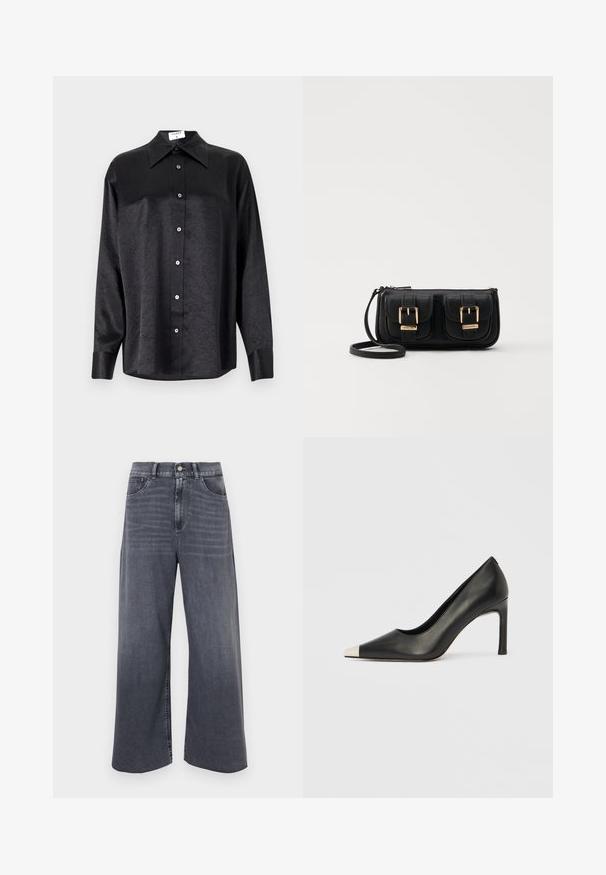 Chemise noire à manches longues avec un col, présentant une texture froissée, une fermeture à boutons sur le devant et des poignets. Fabriquée en tissu lisse.; Jean en denim gris foncé à jambes larges avec taille haute, comportant une fermeture à bouton, des passants de ceinture et des poches avant. Texture lisse et finition nette.; Chaussure à talon haut en cuir noir avec bout pointu et capuchon argenté métallique. Présente une finition lisse et un talon fin de 10 cm.; Sac en cuir noir porté en travers avec deux poches avant, boucles dorées, fermeture zippée et une sangle fine. Surface texturée et forme rectangulaire compacte.