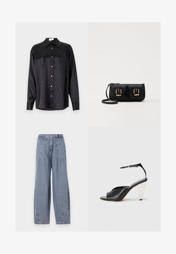Svart langermet skjorte med krage, som har en rynket tekstur, fullt knappet front og mansjetter. Laget av et glatt stoff.; Lys blå denim vide bukser med en krøllet tekstur, der har en høj talje og lodrette sømdetaljer langs benene.; Svart lær høyhælte sandaler med åpen tå, asymmetrisk design, ankelstropp og en metallisk kjegleformet hæl. Glatt tekstur hele veien.; Svart skinn crossbody veske med to frontlommer, gyldne spenner, glidelåslukking og en slank stropp. Teksturert overflate og kompakt rektangulær form.
