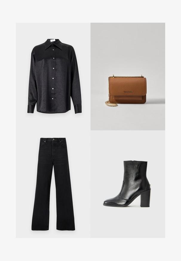 Cămașă neagră cu mânecă lungă, cu guler, cu o textură șifonată, cu nasturi pe toată lungimea și manșete. Fabricată dintr-un material neted.; Blugi negri evazați din denim, cu talie înaltă, design cu cinci buzunare și închidere cu nasture, având o textură ușor estompată.; Botină din piele neagră, cu o textură netedă, vârf ascuțit și toc gros, înalt. Dispune de o deschidere laterală și un design minimalist.; Geantă crossbody din piele texturată maro, cu curea din lanț aurit și închidere cu clapetă. Partea din față prezintă detalii cu logo și o buzunar sub clapetă.