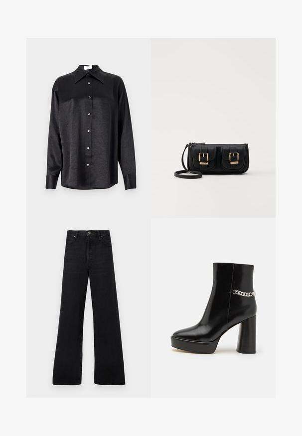 Camisa negra de manga larga con cuello, que presenta una textura arrugada, botón frontal completo y puños. Fabricada en un tejido suave.; Vaqueros negros de pierna ancha hechos de denim, con cintura alta, diseño de cinco bolsillos y cierre de botones, con una textura ligeramente desteñida.; Botín de tobillo de charol negro con plataforma chunky y tacón alto en bloque. Presenta un acento de cadena plateada en el lateral. Textura suave.; Bolso cruzado de cuero negro con dos bolsillos frontales, hebillas doradas, cierre de cremallera y una correa delgada. Superficie texturizada y forma rectangular compacta.