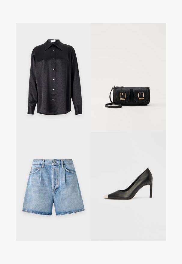 Zwarte blouse met lange mouwen en een kraag, voorzien van een gekreukt oppervlak, volwaardige knopen aan de voorkant en manchetten. Gemaakt van een gladde stof.; Lichtblauwe denim korte broek met een hoge taille, voorzien van een knoop- en ritssluiting, voorzakken en een ruwe zoom.; Zwarte leren hoge hak met een spits toelopende neus en een metalen zilverkleurige kap. Heeft een gladde afwerking en een slanke hak van 10 cm.; Zwarte leren schoudertas met twee vo pockets, gouden gespen, ritsluiting en een smalle band. Tekstuur oppervlak en compacte rechthoekige vorm.