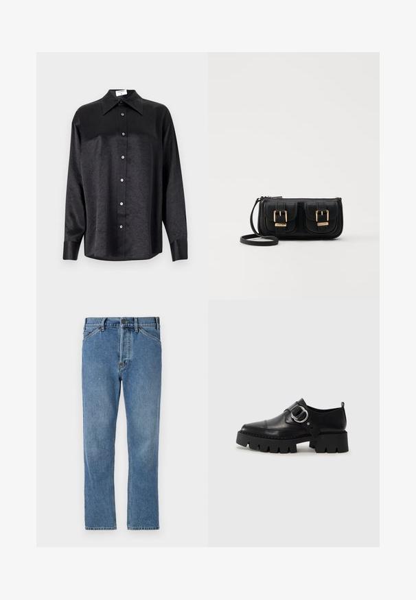 Fekete, hosszú ujjú ing, galléros nyakkal, gyűrött textúrával, teljes gombos elejével és mandzsettákkal. Simaságú anyagból készült.; Világoskék farmernadrág, egyenes szabású, cipzáras záródással, öt zsebbel és finom varrási részletekkel. Nincs díszítés vagy minta.; Fekete bőr cipők tömzsi, bordázott talppal, kerek ezüst hardware díszítéssel és minimális varrási részletekkel.; Fekete bőr keresztbody táska két elülső zsebbel, arany csattokkal, cipzáras záródással és vékony pánttal. Textúrált felület és kompakt téglalap alak.