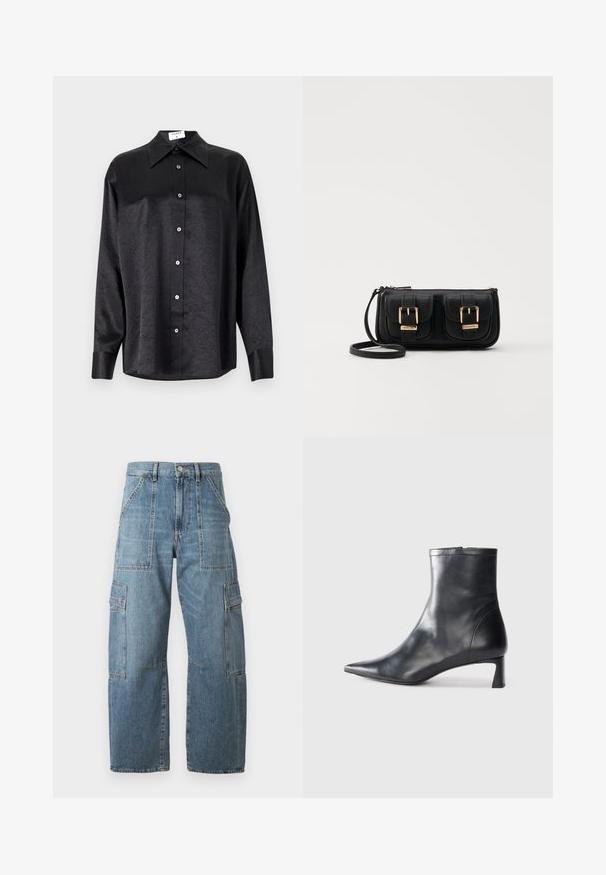 Juodas ilgarankovis marškinis su apykakle, turintis plėšyta tekstūra, visiško mygtukų uždarymo priekyje ir rankogaliais. Pagamintas iš lygaus audinio.; Šviesiai mėlynos džinsinio audinio kargo kelnės su plačia kojų designu, turinčios kelias kišenes, kontrastingą siūlę ir aukštą juosmenį.; Juodas odinis kulkšninis batas su smailiu pirštu ir elegantišku dizainu. Turi žemą kulną ir užtrauktuką gale. Lygi tekstūra.; Juodas odinis per petį nešiojamas krepšys su dviem priekiniais kišenėmis, auksiniais sagtimis, užtrauktuko uždarymu ir siauromis petnešomis. Textūruota paviršius ir kompaktiškas stačiakampis formatas.