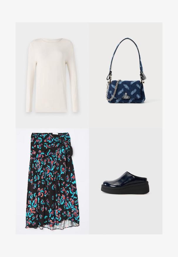 Duga rukav majica u boji slonovače, izrađena od mekog materijala, s okruglim izrezom i jednostavnim, prilagođenim dizajnom. Glatka tekstura, bez uzoraka.; Crna midi suknja s jarkim cvjetnim uzorkom u crvenoj i tirkiznoj boji, s remenom na vezanje i plisiranim dizajnom za dodatnu teksturu.; Tamno plavi lakirani klompe s glatkom površinom, koje imaju debelu crnu platformu i vidljivo šivanje duž donjeg dijela.; Torbica od tamnoplave tkanine s teksturiranim dizajnom, srebrnim detaljima i odvojivim lančanim remenom. Ima preklopno zatvaranje i naglasak s logotipom.