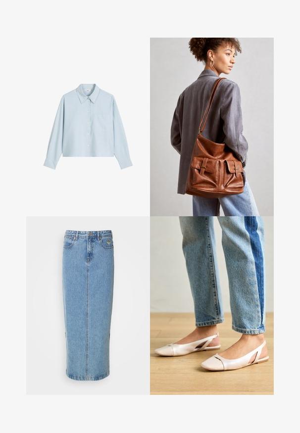 Svetlomodrá krátka košeľa na zapínanie s dlhými rukávmi, klasickým golierom, predným vreckom a hladkou textúrou látky.; Džínová midi sukňa v svetlomodrej farbe s rovnou siluetou, zapínaním na prednej strane na gombíky a bočnými vreckami. Má jemné švy a značkovú nášivku.; Svetloružové slingback baleríny s jemne špicatou špičkou, vyrobené z hladkého materiálu pripomínajúceho kožu. Majú výrezové detaily na stranách a plochý opätok.; Hnedá kožená kabelka v tvare vedra s dvoma prednými vreckami a prackovými detailmi. Kabelka má hladký povrch a nastaviteľný popruh.