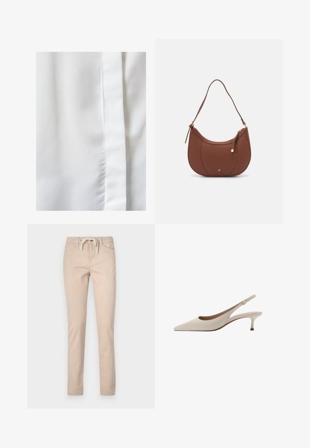 Weißer Stoff mit einer glatten, seidigen Textur, der einen subtilen Glanz aufweist und über eine vertikale Nahtdetail am rechten Rand verfügt.; Beige gestreifte Baumwollhosen mit einem Kordelzugbund, schmal zulaufenden Beinen und zwei Fronttaschen. Glatte Textur, lässiges Design.; Beige Slingback-Absatzschuhe mit spitzer Zehenform und niedrigem, ausgestellten Absatz. Hergestellt aus glattem Leder mit einem minimalistischen Design und verstellbarem Riemen.; Braune Kunstleder-Schultertasche mit geschwungener Form, minimaler Naht und goldfarbener Hardware-Akzent. Verfügt über einen oberen Reißverschluss und einen verstellbaren Trageriemen.