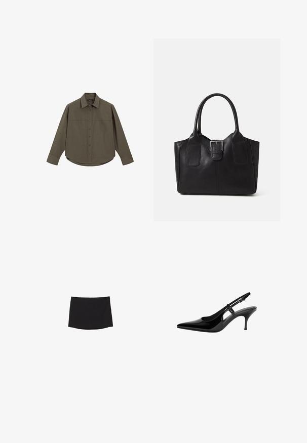 Grünes, langärmliges Hemd mit Knopfleiste und Kragen, das eine durchgehende Knopfleiste und einen abgerundeten Saum hat. Hergestellt aus einem glatten, strukturierten Stoff.; Schwarzer Minirock aus glattem, dehnbarem Stoff; mit geradem Schnitt, subtilem Saum und ohne sichtbare Verschlüsse oder Muster.; Schwarze Lackleder-Slingback-Pumpe mit spitzem Zehenbereich, offenen seitlichen Ausschnitten, schlanker Absatz und verstellbarem Knöchelriemen.; Schwarze Leder-Tote mit glatter Textur, strukturiertem Design, zwei Griffen und einem auffälligen silbernen Schnallen-Detail auf der Vorderseite.