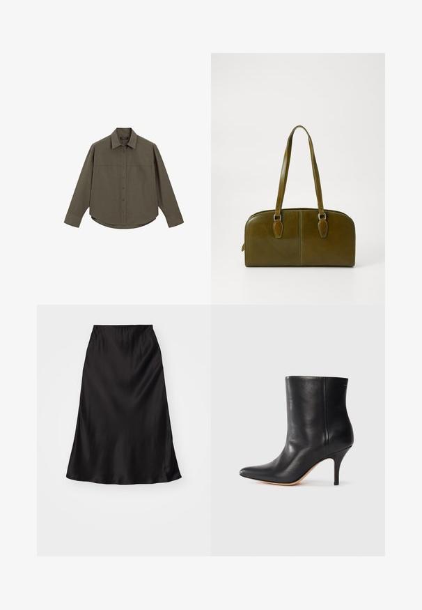 Grünes, langärmliges Hemd mit Knopfleiste und Kragen, das eine durchgehende Knopfleiste und einen abgerundeten Saum hat. Hergestellt aus einem glatten, strukturierten Stoff.; Schwarzer Satin-Rock im Slip-Stil mit glatter Textur, ausgestellter Form und elastischem Bund. Minimalistisches Design, keine zusätzlichen Muster oder Akzente.; Schwarze Leder-Ankle Boots mit spitzem Zeh, schlankem Stiletto-Absatz und glatter Textur. Minimalistisches Design ohne sichtbare Beschläge oder Akzente.; Olivengrünes Lederhandtasche mit einer runden Form, doppelten Griffen und nahtlosem Vorderteil. Verfügt über eine glatte Textur und subtile Nähdetails.