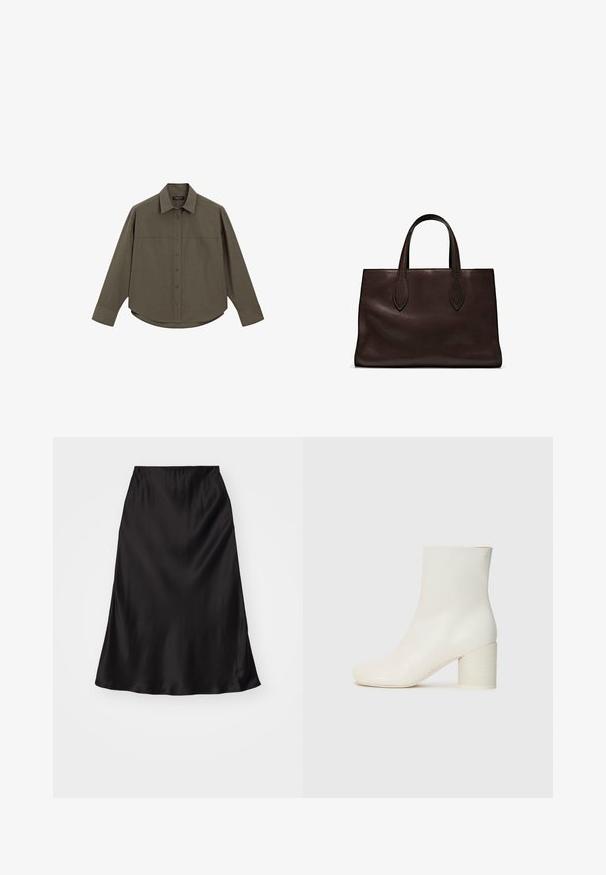 Grünes, langärmliges Hemd mit Knopfleiste und Kragen, das eine durchgehende Knopfleiste und einen abgerundeten Saum hat. Hergestellt aus einem glatten, strukturierten Stoff.; Schwarzer Satin-Rock im Slip-Stil mit glatter Textur, ausgestellter Form und elastischem Bund. Minimalistisches Design, keine zusätzlichen Muster oder Akzente.; Weiße Leder-Stiefelette mit runder Zehenform und klobigem, zylindrischem Absatz. Glatte Oberfläche, minimalistisches Design, ohne sichtbare Beschläge oder Muster.; Braune Ledertasche mit zwei langen Griffen, strukturierte rechteckige Form, glatte Textur und dezente Nähdetails.