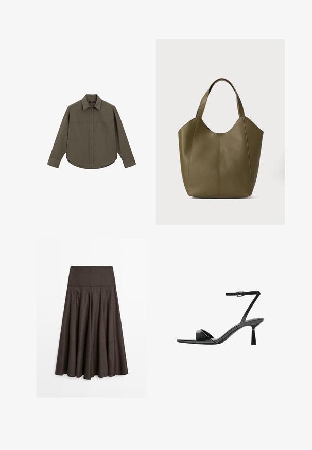Grünes, langärmliges Hemd mit Knopfleiste und Kragen, das eine durchgehende Knopfleiste und einen abgerundeten Saum hat. Hergestellt aus einem glatten, strukturierten Stoff.; Brauner, ausgestellter Rock aus weichem Stoff. Verfügt über einen taillierten Bund, Falten-Design und eine glatte, fließende Textur. Der Saum reicht bis zur Mitte der Wade.; Bershka High Heel Sandalette - black; Olivgrüne Leder-Tasche mit doppelten Trägern, glatter Textur und vierteiliger Gestaltung. Verstärkte Nähte entlang der Nähte für Langlebigkeit.