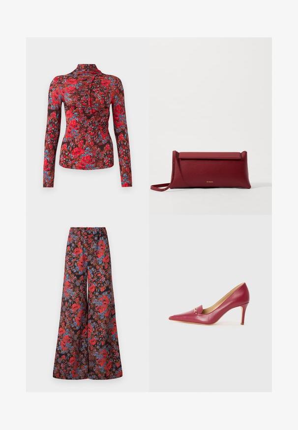 Pikendusega pluus pehmest kangast, millel on erksad punased, sinised ja pruunid lillemustrid. Kõrge krae, millel on rikutud disain ees.; Laiad püksid mustast kangast, mis on kaunistatud erksate lillemotiividega punases ja sinises, ning mugavuse tagamiseks elastse vöökohaga.; Punase nahklihased kõrged kontsad terava ninaga, millel on sile viimistlus, väikese klapi ja kuldse sisustuse detailiga kätel.; Punane nahkne käekott tekstuuriga viimistlusega, millel on lame voltimisosa ja lühike rihm. Pehme brändi logo ees.