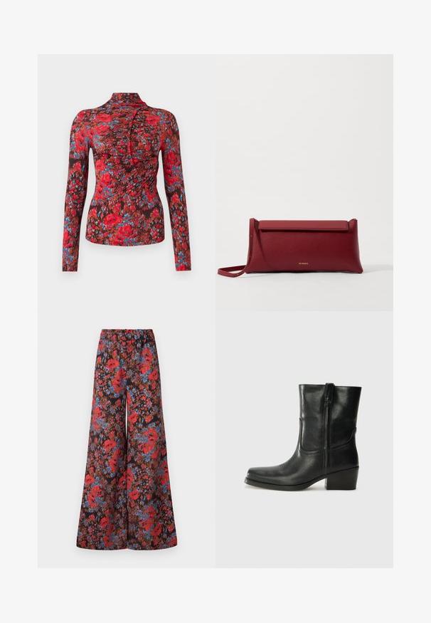 Langarmtop van zachte stof met een levendig bloemenpatroon in rood, blauw en bruin. Hoge kraag met een geplooid ontwerp aan de voorkant.; Wijd-uitlopende broek van zwart stof, versierd met een levendig bloemenpatroon in rood en blauw, met een elastische tailleband voor comfort.; Zwarte leren enkellaars met een ronde neus, blokhak, zijrits en stikselaccenten op de wreef. Gladde textuur, klassiek ontwerp.; Rode leren clutch met een gestructureerde afwerking, met een vlakke omvouwtop en een korte strap. Subtiele merklogo op de voorkant.