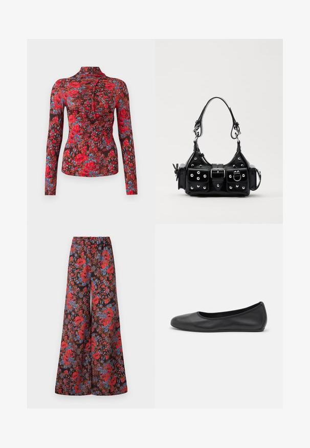 Long-sleeve top in soft fabric featuring a vibrant red, blue, and brown floral pattern. High collar with a ruched design along the front.; Wide-leg trousers featuring a black fabric adorned with a vibrant floral pattern in red and blue, with an elastic waistband for comfort.; Black leather ballet flat with a rounded toe, smooth texture, minimal stitching detail, and a flexible sole design.; Black leather handbag with a curved design, featuring silver studs, a buckle, and two side pockets. Adjustable strap for carrying options.