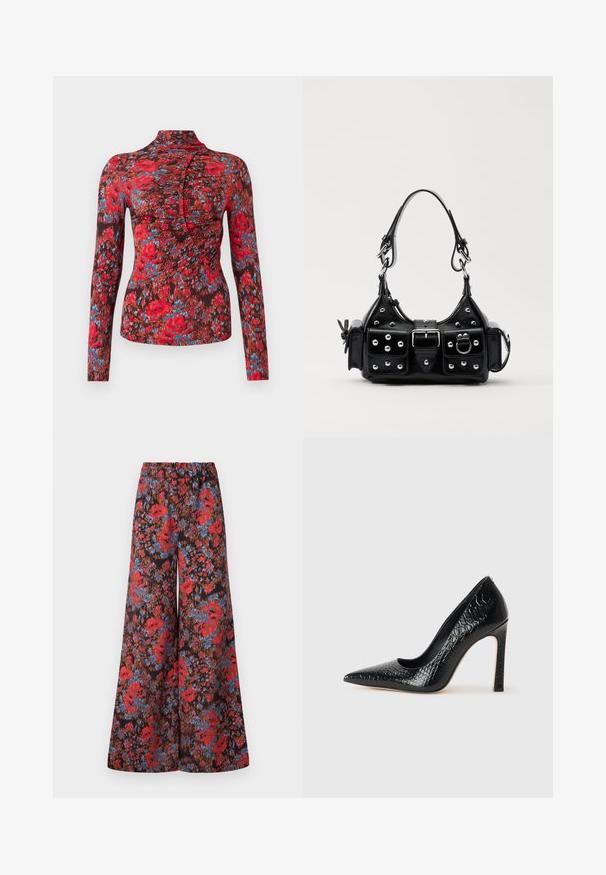 Langarmtop van zachte stof met een levendig bloemenpatroon in rood, blauw en bruin. Hoge kraag met een geplooid ontwerp aan de voorkant.; Wijd-uitlopende broek van zwart stof, versierd met een levendig bloemenpatroon in rood en blauw, met een elastische tailleband voor comfort.; Zwarte puntige hoge hak schoen met een krokodillenleren textuur, met een slank ontwerp, hoge stiletto-hak, en een gladde zwarte binnenkant.; Zwarte lederen handtas met een gebogen ontwerp, voorzien van zilveren studs, een gesp en twee zijvakken. Verstelbare schouderband voor verschillende draagmogelijkheden.
