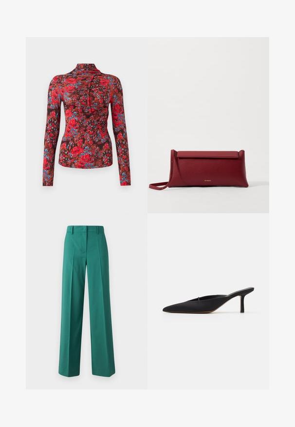 Long-sleeve top in soft fabric featuring a vibrant red, blue, and brown floral pattern. High collar with a ruched design along the front.; Green wide-leg trousers made of smooth fabric with a tailored fit, featuring front pleats and a two-pocket design.; Black pointed-toe mule with a sleek design, made of smooth fabric, featuring a slender heel and open back for easy wear.; Red leather clutch bag with a textured finish, featuring a flat fold-over top and a short strap. Subtle brand logo on the front.