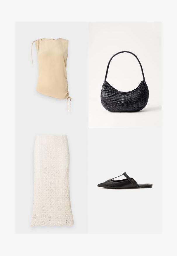 Top sans manches beige avec un ourlet asymétrique, présentant une section froncée à l'épaule et des liens réglables d'un côté. Texture lisse.; Jupe midi en dentelle couleur crème avec un motif de crochet floral, ourlet ondulé et silhouette ajustée. Tissu texturé et léger.; Chaussure en cuir noir à talon ouvert avec un bout pointu, présentant un accent tressé et un design supérieur plissé. Semelle plate avec un matériel minimal.; DRAGON DIFFUSION NOVA LUNA - Sac à main - black