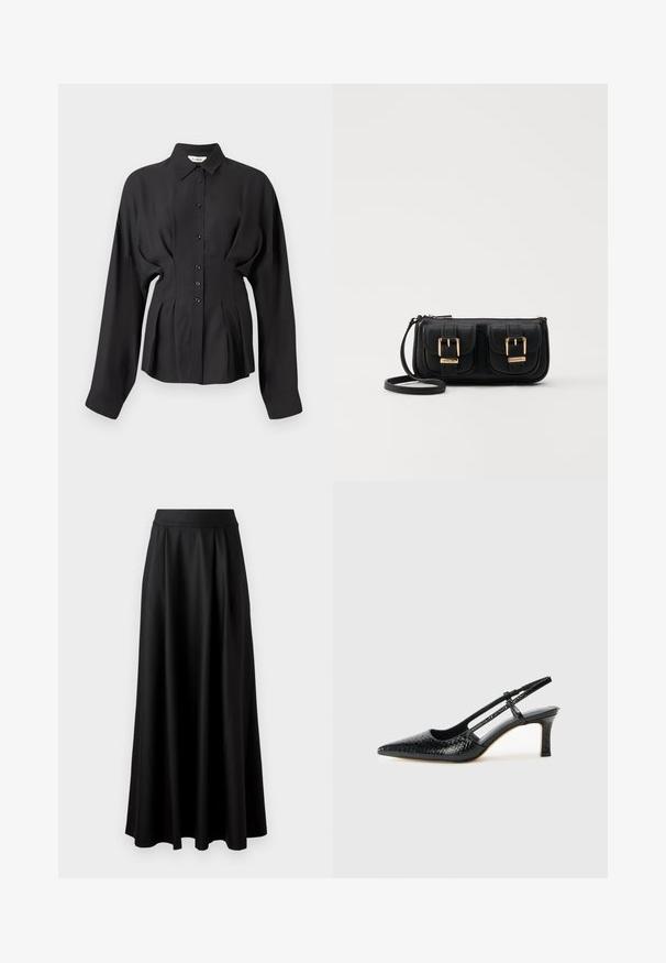 Črna majica z dolgimi rokavi iz gladkega materiala, z gumbom spredaj, ukrivljenim robom in nabranimi detajli na pasu za prilagojen fit.; Črna, dolg krožni krilo z gladko teksturo, širokim pasom in nabranim dizajnom, brez vidnih vzorcev ali okrasnih elementov.; Črne lakaste slingback pete s koničastim nosom, ki imajo teksturiran vzorec kačje kože, nastavljiv trak in kratek teksturiran blok peto.; Črna usnjena torbica čez ramo z dvema sprednjima žepoma, zlatimi zaponkami, zadrgo in ozkim pasom. Tekstura površine je strukturirana, obliko pa ima kompaktno pravokotno.