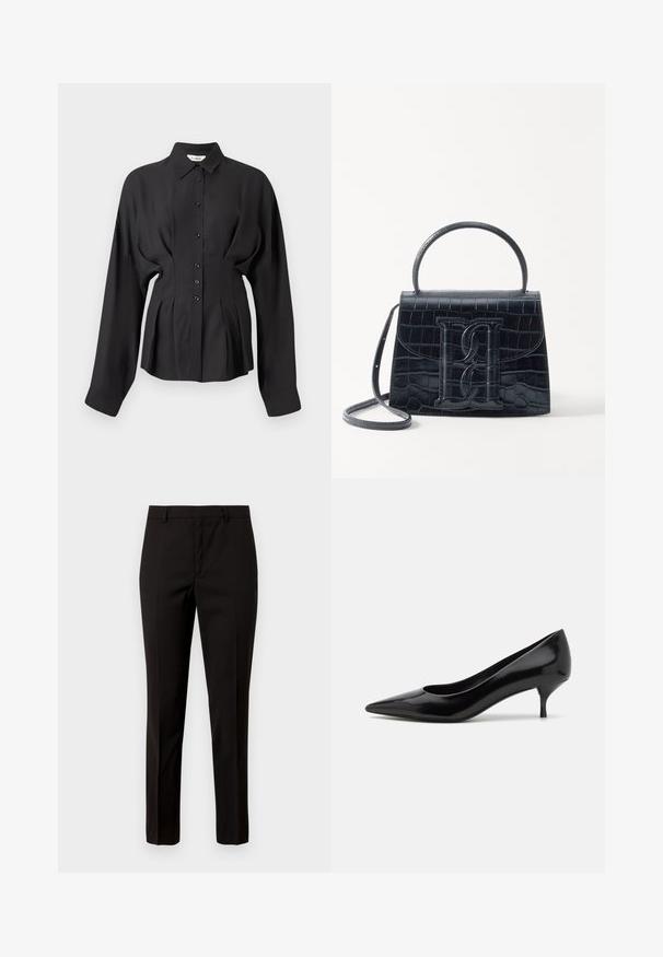 Black long-sleeve shirt in a smooth fabric, featuring a button-up front, curved hem, and gathered detailing at the waist for a tailored fit.; Black tailored pants with a straight leg design, made of smooth fabric, featuring a flat front and belt loops. No visible patterns or accents.; Black patent leather high heel shoe with a pointed toe and a low stiletto heel. Smooth texture and minimalist design, no visible patterns or accents.; Black crocodile-embossed leather handbag with a structured design, top handle, adjustable strap, and a prominent front logo detail.
