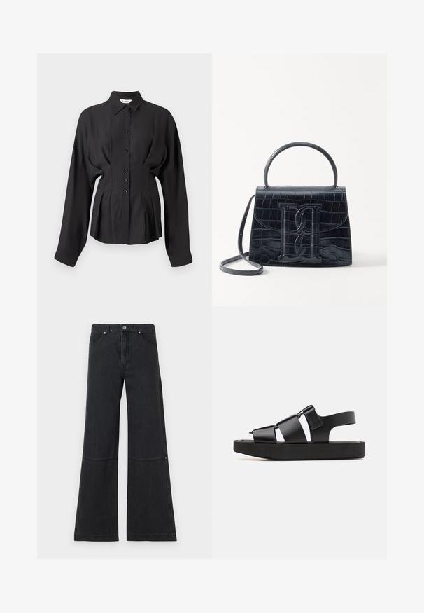 Fekete, hosszú ujjú ing sima anyagból, gombos elülső résszel, ívelt alsó résszel és gyűrt részletekkel a deréknál, a testre szabott fazonért.; Fekete, bő szabású farmernadrág, magas derékkal, elülső zsebekkel és finom varrási részletekkel a térdnél. Fém gombos zárás.; By Malene Birger KLEVA - Platform szandálok - black; Fekete krokodilbőr hatású kézitáska, amelynek strukturált kialakítása van, felső fogantyúval, állítható pánttal és egy kiemelkedő elülső logó részlettel.