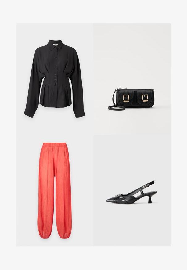 Chemise noire à manches longues en tissu lisse, avec un devant boutonné, un ourlet arrondi et des détails froncés à la taille pour un ajustement cintré.; Pantalons amples, taille élastique, couleur corail avec une texture froissée et des bords resserrés. Le tissu léger permet confort et respirabilité.; Chaussure slingback en cuir noir avec un bout pointu, des sangles décoratives avec œillets en métal et un petit talon carré. Surface texturée.; Sac en cuir noir porté en travers avec deux poches avant, boucles dorées, fermeture zippée et une sangle fine. Surface texturée et forme rectangulaire compacte.