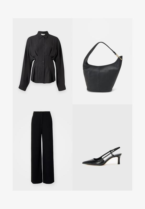 Melnas garām piedurknēm krekls no gludas auduma, ar pogu aizdari priekšā, noapaļotu apakšmalu un savilktu detaļu vidukļa daļā, lai nodrošinātu piegulošu piegriezumu.; Melnas platās bikses ar augstu jostasvietu, gludu audumu, priekšējo pogu aizdari un bez redzamām kabatām, ar pieguļošu piegriezumu.; Melna patent āda ar slīdošo papēdi un smailo purngalu, ar teksturētu čūsku drukājumu, regulējamu siksniņu un īsu teksturētu blokpapēdi.; Melnas ādas rokassomi ar noapaļotu formu, platu siksnu un strukturētu apdari. Iezīmējas ar nelielām šuvju detaļām un zelta tonī izstrādātu aparatūru.