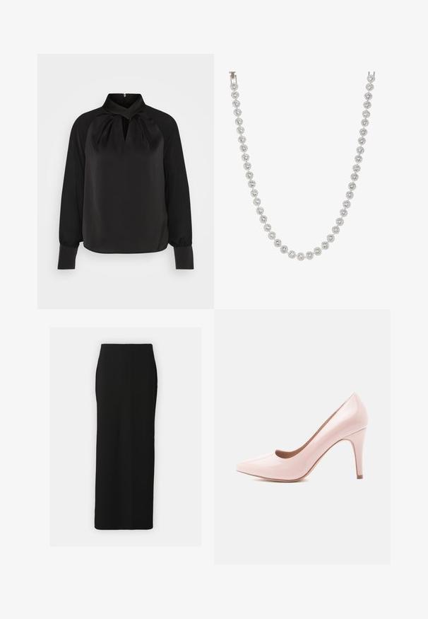 Černá saténová blůza s vysokým límcem, plisé detaily na krku a dlouhými rukávy se stáhnutými manžetami. Hladký materiál, minimalistický design.; Černá šifonová maxi sukně s rovnou siluetou, postranními rozparky a hladkou texturou. Obsahuje elastický pas pro pohodlí.; Růžové lakované lodičky na vysokém podpatku s špičatou špičkou a elegantním siluetou, s 10 centimetrů vysokým jehlovým podpatkem a hladkým povrchem.; Stříbrný náhrdelník s kulatými, průhlednými drahokamy uspořádanými v kruhovém designu, které se střídají s dekoračními kovovými akcenty, hladký povrch.