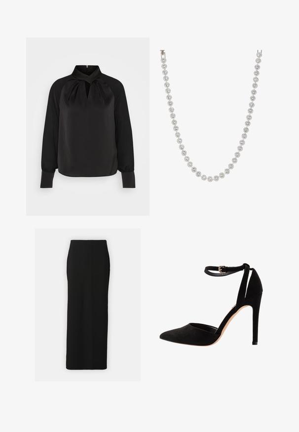 Black satin blouse with a high collar, pleated detailing at the neck, and long sleeves with fitted cuffs. Smooth texture, minimalist design.; Black ribbed knit maxi skirt with a straight silhouette, side slits, and a smooth texture. Features an elastic waistband for comfort.; Black suede high heels with a pointed toe, ankle strap, and a stiletto heel. The design features a smooth texture with minimal detailing.; Silver necklace featuring round, clear gemstones set in a circular design, alternating with decorative metal accents, smooth texture.