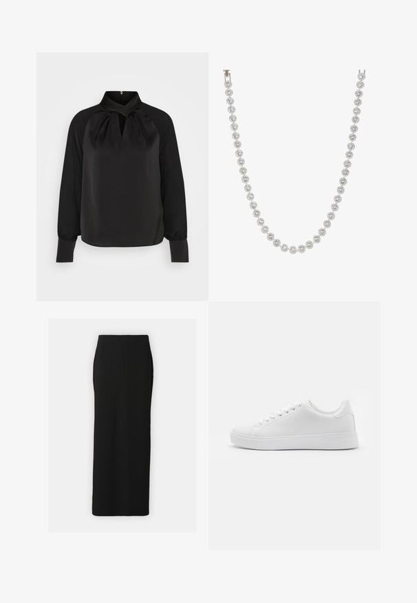 Blouse en satin noir avec un col montant, des détails plissés au niveau du cou, et des manches longues avec des poignets ajustés. Texture lisse, design minimaliste.; Jupe maxi en tricot noir à côtes avec une silhouette droite, des fentes sur les côtés et une texture lisse. Elle possède une taille élastique pour plus de confort.; Baskets blanches avec une tige synthétique lisse, bout rond, six œillets pour les lacets et une semelle en caoutchouc profilée basse avec des détails texturés.; Collier en argent avec des pierres précieuses rondes et transparentes, disposées en motif circulaire, alternant avec des accents métalliques décoratifs, texture lisse.